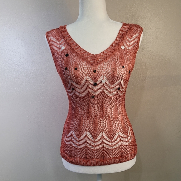 BETTE PAIGE Bronze Crochet Open Weave Crop Sleeveless Sweater Xs/S - Picture 3 of 10